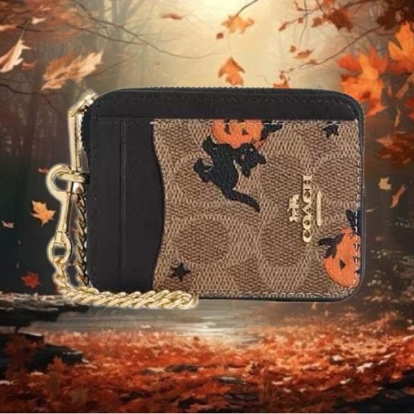 Zip Card Case In Signature Canvas With Halloween Print Wallet Bag Purse - Picture 3 of 10